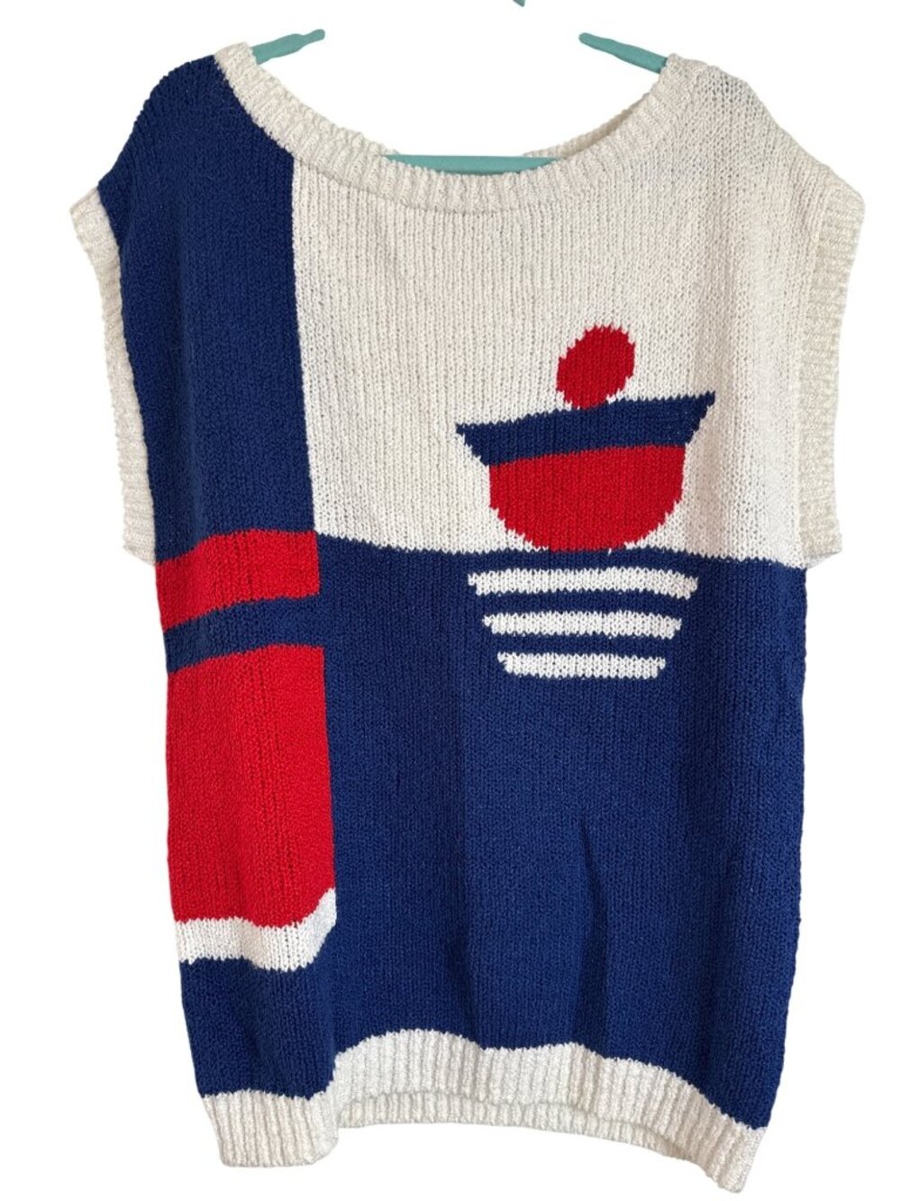 VTG Mod Catalina Nautical Theme Sleeveless Sweater Red White Blue Boat Graphic 2